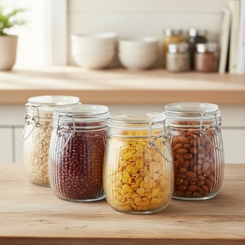 Image of ginoya brothers Airtight Glass jar with lid Storage Containers,Glass Canister, Mason Jars, Small Striped Clip Fastening Jar for Kitchen Canning, Overnight Oats, Pickle, Spice. (4, 750 ML)