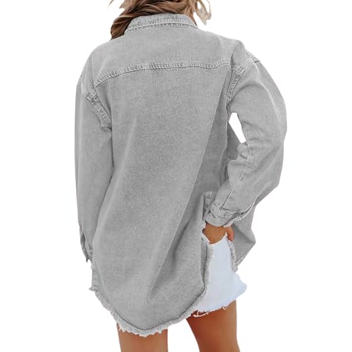 Denim Jacket for Women Oversized Button Up Jean Jacket Long Sleeve Frayed Hem Shacket Distressed Denim Jean Jackets3