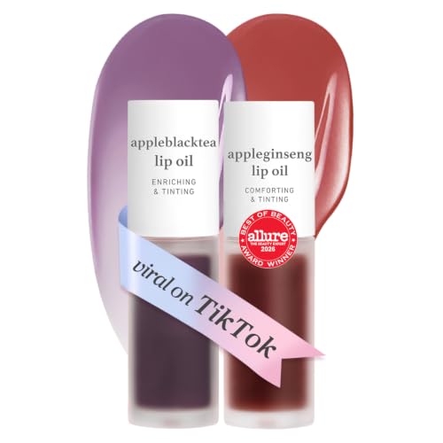 NOONI Korean Lip Oil Set - Appleblacktea &amp; Appleginseng - Long-Lasting, Moisturizing, Revitalizing Lip Gloss Stain Makeup for Dry Lips - Waterproof, No Peel Off, Stocking Stuffers (2EA, 0.12 fl oz)