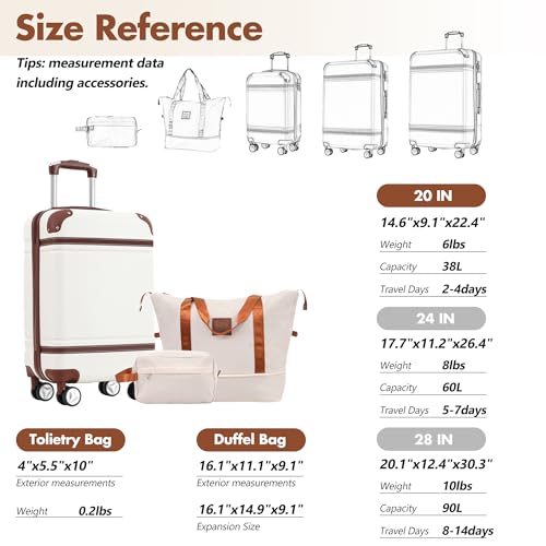 Hardshell Luggage Sets with Bags Carry-on Suitcase Double Spinner Wheels with TSA Lock,Single Vintage Luggage 20 IN,White4