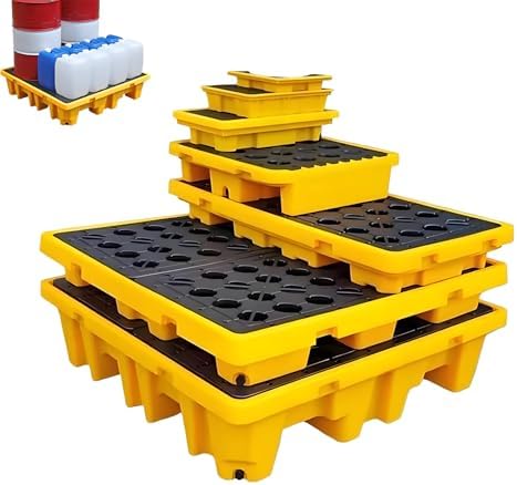 Modular Spill Containment Tray with Grating, Leak-Proof Oil Drum Spill Prevention Pallet, Stackable Spill Platform 130×68×15cm for Efficient Hazardous Material Management