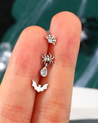 Cocharm 3Pcs Bat Spider Cartilage Earring 16g Flat Back Cartilage Piercing Jewelry Halloween Helix Jewelry 8mm Silver Web Conch Stud Funny Labret Stud for Women Men4
