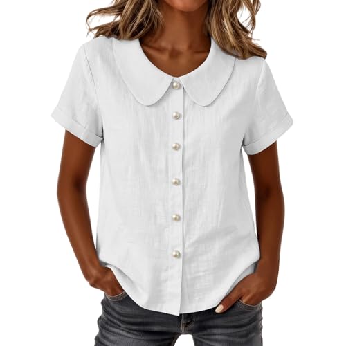 Camisas de cuello Peter Pan mujer con botones de perlas blusa holgada manga corta