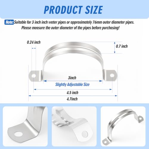 Image of Yaocom 100 Pcs 3 Inch Opening Pipe Strap 304 Stainless Steel Conduit Clamp Reinforced Rigid 2 Hole U Bracket for Pipe Fixing on Various Surfaces