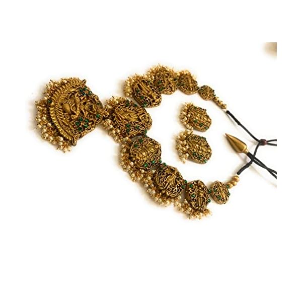 Sanaa's Terracotta Jewellery Womens Handmade Jewellery Set In Traditional Goddess Motif Design In Green Stone& Beads - Image 3