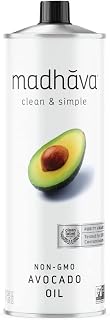 Madhava Avocado Oil 33.8oz 1L Tin - 100% Pure Single Source Non-GMO, Neutral Flavor, 520°F Smoke Point High Heat Cooking Oil