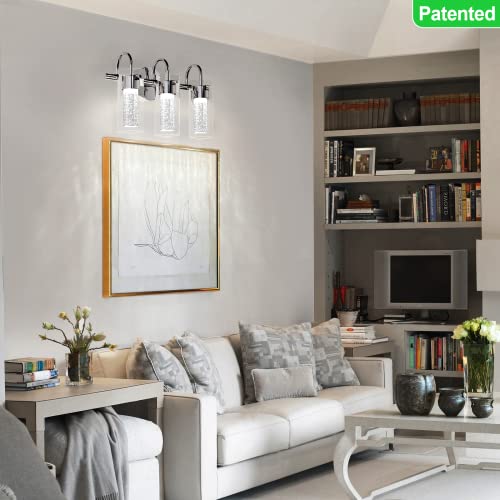 Maxvolador 3-Light Led Vanity Light Fixture, 1500Lumen Dimmable Wall Sconce Lighting, Modern Bathroom Wall Lights With Crystal Bubble Glass 21W, Cool White Over Mirror Vanity Lamp, Chrome Finish #TOP4