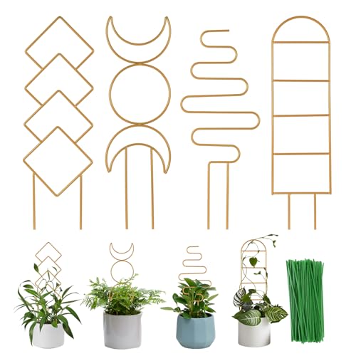 Wellsign Indoor Plant Trellis for Potted Plants, 16inch Gold Small Trellis for Climbing Plants Outdoor Garden Metal Trellis with Different Patterns for Vine Ivy Flower Plant Support 4 Pack