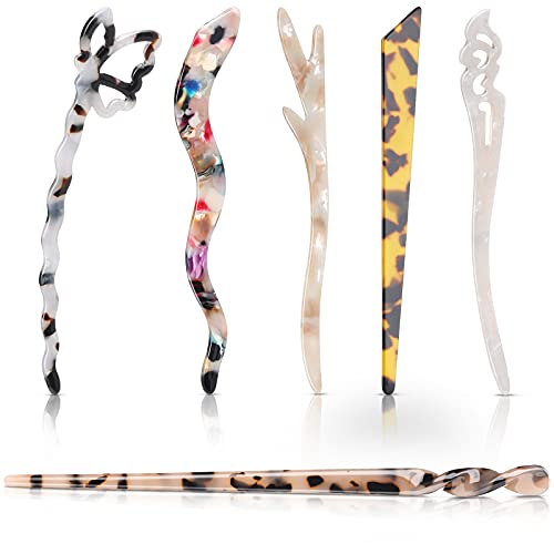 6 Pieces Acetate Resin Hair Sticks Tortoise Shell Hair Pins Leopard Hair Chopsticks Retro Style Hair Styling Sticks Chinese Hair Bun Clips for Women Girls Thick Long Hair Accessories, 6 Styles