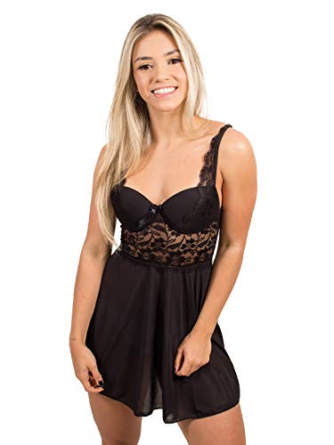 Camisola Com Bojo Lingerie Sexy Renda Curto Noite Lisa Feminino Linha (G, preto)