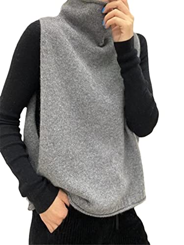 Alloaone Suéter de cuello alto de lana para mujer Chaleco de punto Primavera y otoño Chaleco sin mangas suelto, GRAY, L