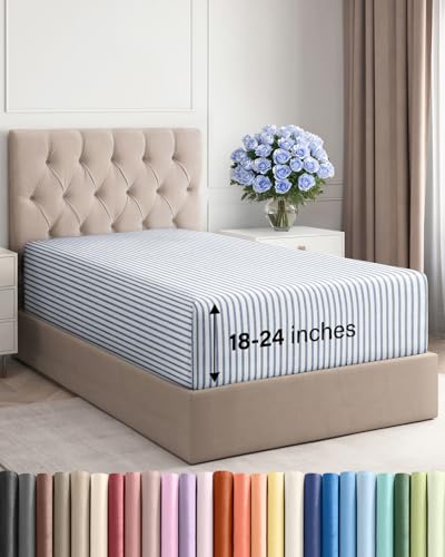 Image of Extra Deep Twin Fitted Sheet - Single Fitted Sheet Only - Blue Stripes | Easily Fits 18 inch to 24 inch Mattress, Soft, Wrinkle Free, Breathable & Comfy, Extra Deep Pockets Hotel Luxury Fitted Sheet