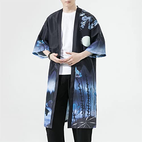 Image of Seidarise Men's Haori, Long Kimono Cardigan Jacket Japanese Style Flying Crane Seven Sleeves Open Front Coat