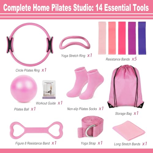 HSYUHZFW Pilates Kit for Home Workouts 14pcs, Pilates Equipment Ring and Ball Set, Multiple Resistance Bands, Non-Slip Socks,Pilates Starter Kit for Women Gym Studio Travel Outdoor by HSYUHZFW - Image 2