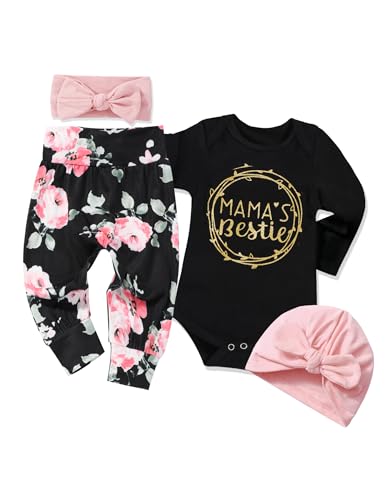 Image of WIQI Baby Girl Clothes, Newborn Girl Letter Print Romper Tops +Cute Pants +Hat +Headband 4PCS Spring Summer Outfits Set