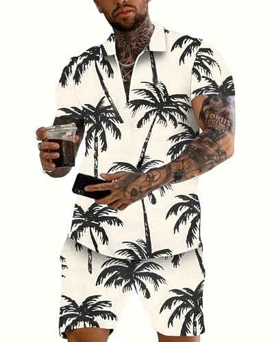 Mlvekrt Conjunto de 2 conjuntos de camisa polo masculina e shorts de verão, 4 peças, roupa casual ha