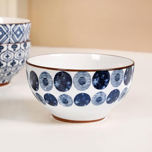 Image of Nestasia Ceramic Snack Bowls Set of 6 (350 ml Each) | Geometric & Floral Pattern Bowls for Serving Noodles, Ramen, or Soups | Microwave & Dishwasher Safe - Perfect for Gifting (Blue & White)