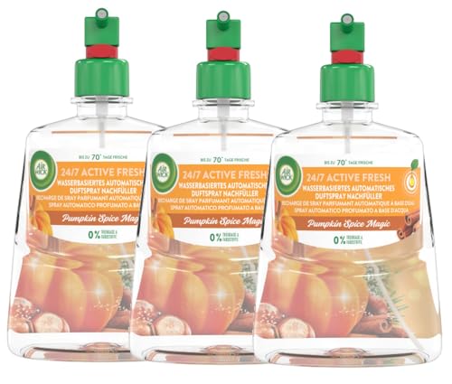 Air Wick Active Fresh – Aeorosolfreier, automatischer Lufterfrischer – Raumduft Pumkin Spice Magic – 3 x 228 ml Nachfüller