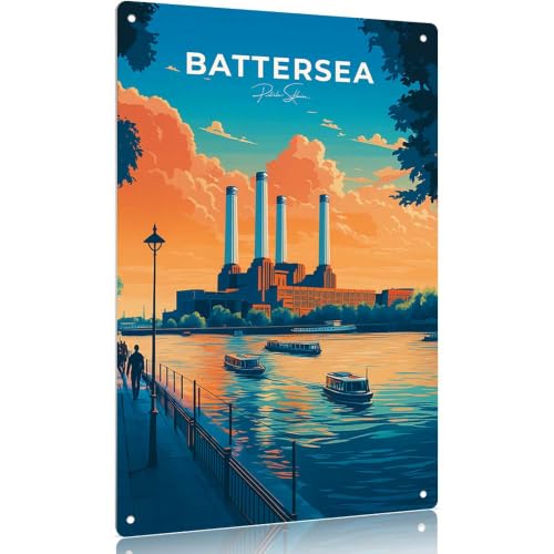 Battersea Scenic Aluminum Wall Art, 8x12 Inch Retro Style Riverfront Industrial Landmark Print, Vibrant Sunset Tone Metal Decor for Home & Office