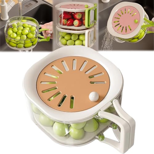 Cesta de drenaje y conservación 2 en 1, cuenco multifuncional para lavar frutas con colador, colador plegable con tapa con cerradura, escurridor de alimentos, recipiente de verduras con tapa y asa (B)