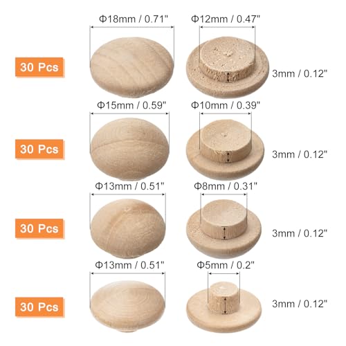 Image of uxcell Wood Plugs, 120Pcs 4 Sizes - Beech Wood Button Top Plugs, Screw Hole Covers, Decorative Wooden Cover for Stair Chair Craft Furniture Woodworking