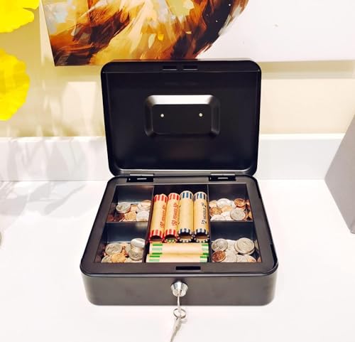 Image of Wosta Cash Money Safe Box - Compact Solid Steel Lockable Security Storage Chest for Loose Money, Coins, Change & Valuables with 2 Keys - Removable Tray with 5 Coin Sections, 1 Bill Section - 8 Inch