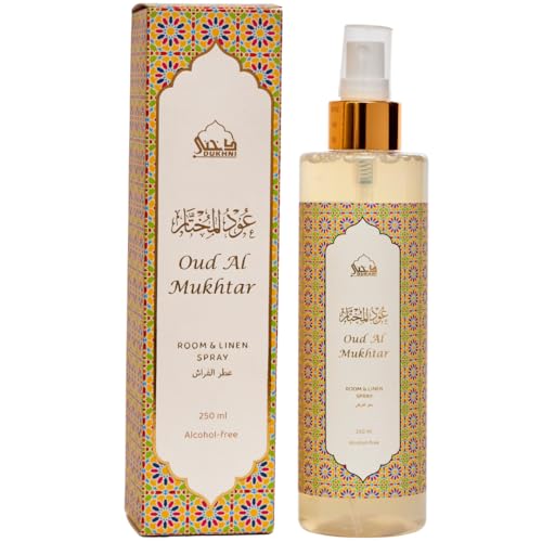 Oud Room & Linen Spray by Dukhni | 250ml Mukhtar Air Freshener, Room Mist, for Bed Linen, Fabrics, Sofa and Prayer Mats | Islamic gifts, Free from Alcohol, Odour eliminator for strong odour