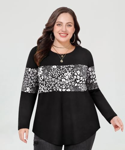 Image of CARCOS Plus Size Tops for Women Color Block Flower /Striped /Camo Crew Neck Long Sleeve Tee Shirt