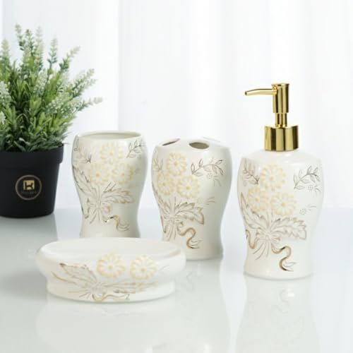 Image of Kookee Ceramic Bathroom Accessories Set of 4 | Soap Dispenser, Toothbrush Holder & Soap Dish | Modern Luxury Bath Essentials for Home - White & Gold (12247)