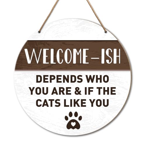 Cat Welcome Sign for Front Door Decor, Cat Farmhouse Welcome Wood Hanging Sign Decor, Cat Sign Decoration for Home Porch Office Door, Housewarming Gifts for Cat Lover Cat Mom Dad, If The Cats Like You