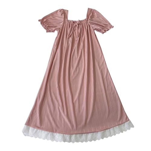 Generisch Damen Vintage Spitzen-Nachthemd Schlafkleid Lang Retro-Modernes Design Mit Streifenoptik Einfarbig Hauskleid Kurzarm Schlafhemd Bequeme Atmungsaktiv Leicht Freizeitkleid Hausanzug