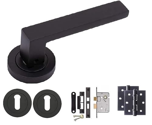 Golden Grace Delta Design Key Lock Door Handles Set on Round Rose in Stunning Matte Black Finish Complete with 3 Lever Mortise Lock & 1 Pair of Ball Bearing Hinges