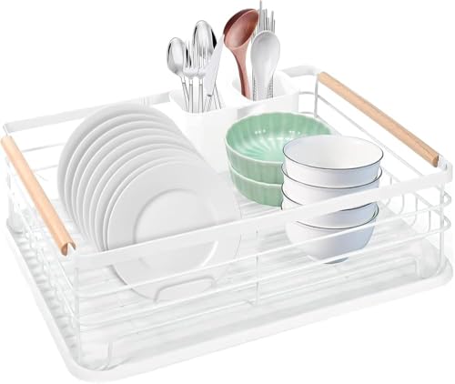 HUIYOPU Escurridor de platos, soporte para platos que ahorra espacio con bandeja de goteo extraíble para secar utensilios de cocina, color blanco