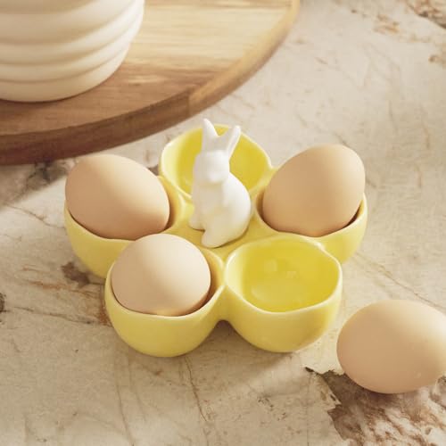 WDS WONDROUS Easter Rabbit Egg Cup Holder, Adorable Bunny Ceramic 5 Yellow Poached Egg Cups for Soft Boiled Eggs, Deviled Eggs Platter, Easter Decorations, Dishwasher Safe