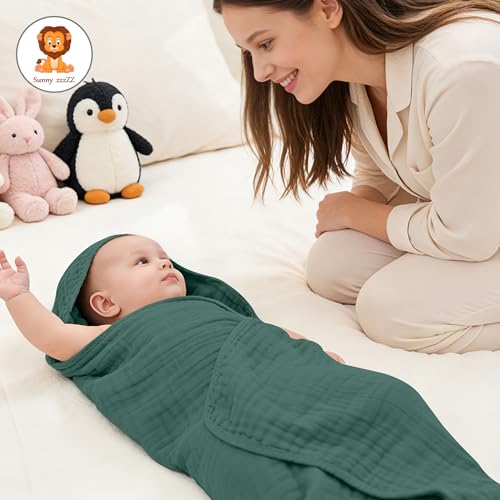 Image of Sunny zzzZZ Muslin Hooded Baby Bath Towels - 3 Pack 100% Cotton Soft Low-Saturation Pastel Towels Including Classic White for Newborns, Infants, Toddlers - 32x32 Inch - Deep Emerald and White