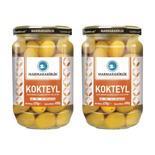 MarmaraBirlik Yeşil Kokteyl Zeytin, 4XL-3XL, 670g, Cam Kavanoz, 2 Adet
