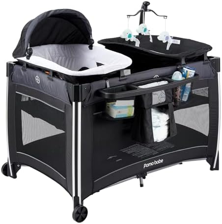 Pamo Babe 4 in 1 Baby Playards with Bassinet & Changing Table, Portable Crib Breathable Mesh and Toy Mobile