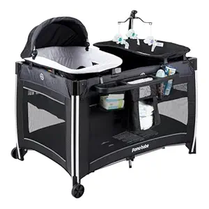 Pamo Babe 4 in 1 Baby Playards with Bassinet & Changing Table, Portable Crib Breathable Mesh and Toy Mobile