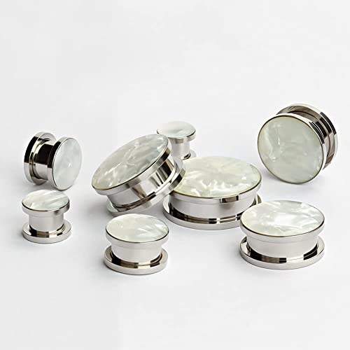 Kubooz A044 White Sea Shell Opal Stainless Steel Screw Ear Piercings Body Jewelry Plugs Tunnels Gauges 0G thumb #3