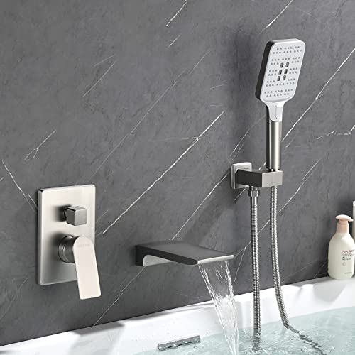 Wall Mounted Bathtub Faucet With Hand Sprayer Tub Faucet Shower Faucet Set With Waterfall Tub Spout Rough-In Valve Trim Kit Tub Filler Faucets Brushed Nickel #TOP5