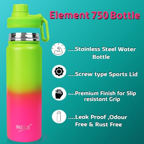Image of Sizzle Element Stainless Steel Water Bottle 750 ML For Kids & Adults | Lightweight Leakproof Water Bottle with Powder Coating Finish | Dual Green-Pink Colour