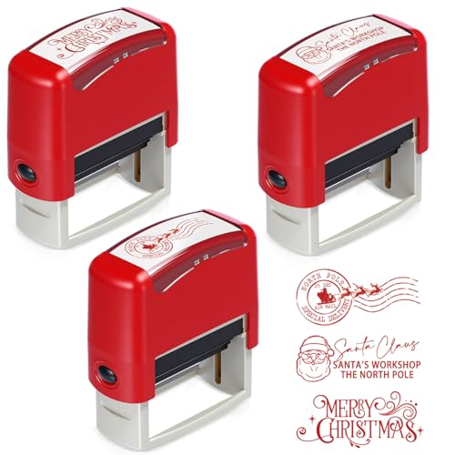 Pasimy 3 Pcs Christmas Self Inking Stamps Red Ink Santa North Pole, Red