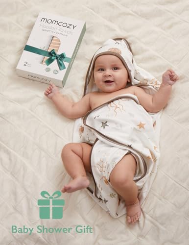 Image of Momcozy Baby Towel with Hooded-2 Pack Soft Bath Towel Set-Shower Gifts or Bath Essential for Infant,Newborn, Toddler (28 X 28 Inch, Ocean Whimsy)