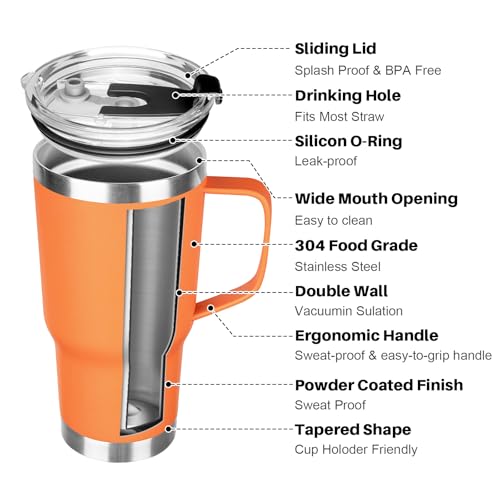Image of 20 oz Tumbler with Handle, Stainless Steel Insulated Tumbler with Lid and Straw, Double Wall Vacuum Coffee Mug Tumbler, Insulated Coffee Thermal Cup for Cold and Hot (Orange, 20 Ounces)