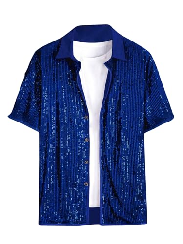OYOANGLE Mens Sequin Shiny Button Down Shirt Short Sleeve Collared Shirts Party Holiday Tops Blue Large