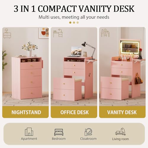 Image of COMHOMA Makeup Vanity Desk with Mirror and Lights, Small 3 in 1 Vanity Table with Visible Glass Top, Flip Top & 3 Drawers, Compact Dressing with Storage Stool for Room or Office