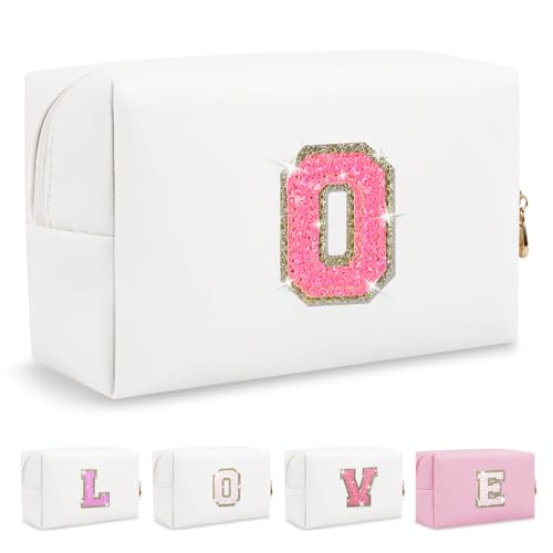 Small Personalized Initial A-Z Patch Makeup Bag,White Cute PU Leather Glitter Letter Cosmetic Bag for Teen Girls,Travel Toiletry Bag with Zipper,Preppy Monogrammed Birthday Gift for Daughter Niece O