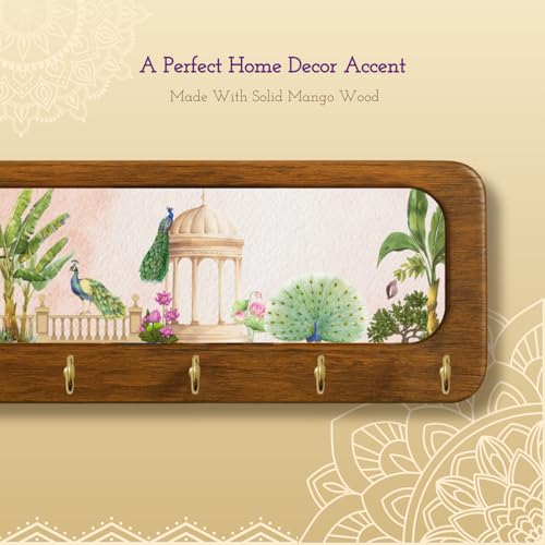 Image of Stylish Wooden Key Holder for Wall | Cute Key Holder for Home Decor | Key Holder Stand with 5 Hooks | Wall Mounted Key Hanger| (Peacock Garden Keyholder)