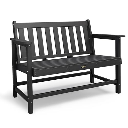 Image of VINGLI 49in HDPE Outdoor Bench with Backrest and Armrests, 2-Person Weatherproof Patio Bench, Heavy Duty 600 lbs Capacity, Low Maintenance Garden Benches for Porch Backyard Poolside Park (Black)