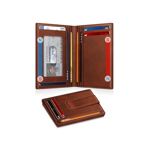 Image of Wallet for Men 14-16 Cards, Minimalist Men Leather Wallet, Men's Front Pocket Bifold Wallets with Money Clip, Slim Thin Card Holder RFID Blocking Bill Folder Magnetic Closure Men Gifts, Reddish Brown